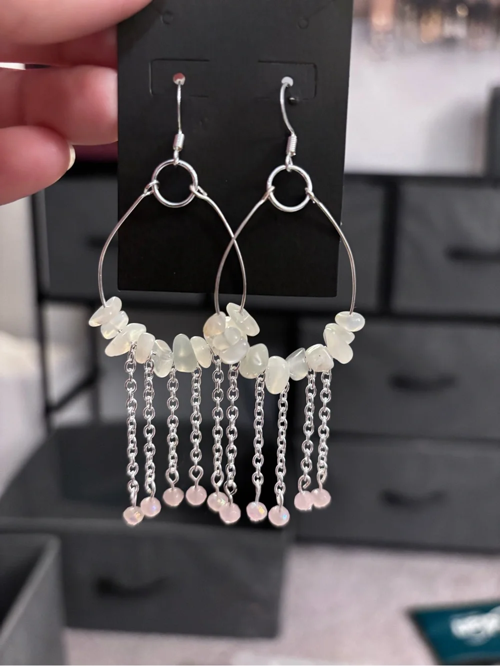 Moonstone Silver Hoop Drop Earrings with White Beads and Chain Fringe